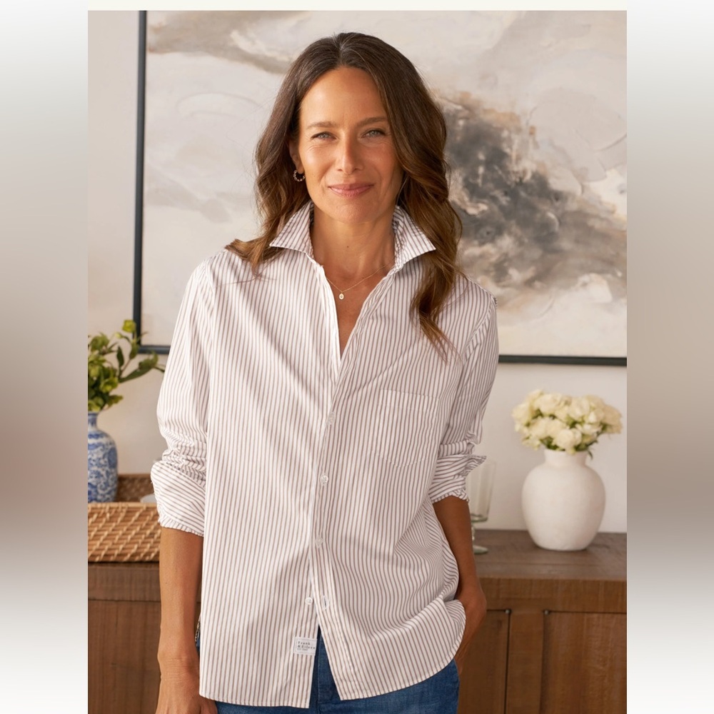 Frank & Eileen Relaxed Cream Tan Striped Eileen Button shirt XXS